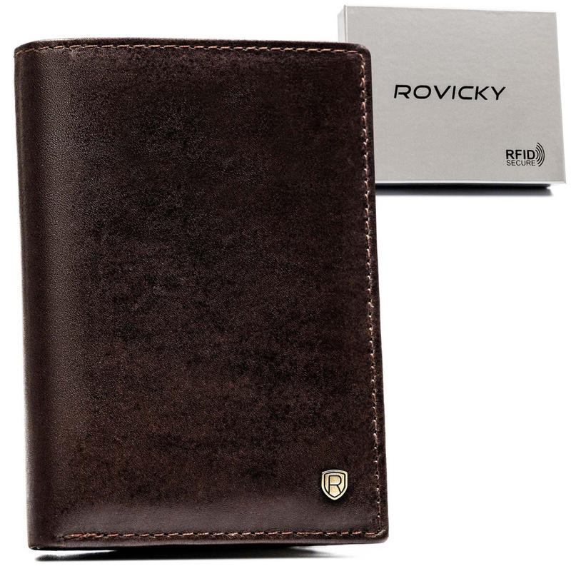 Rovicky męski składany portfel skóra naturalna rozbudowany pionowy RFID