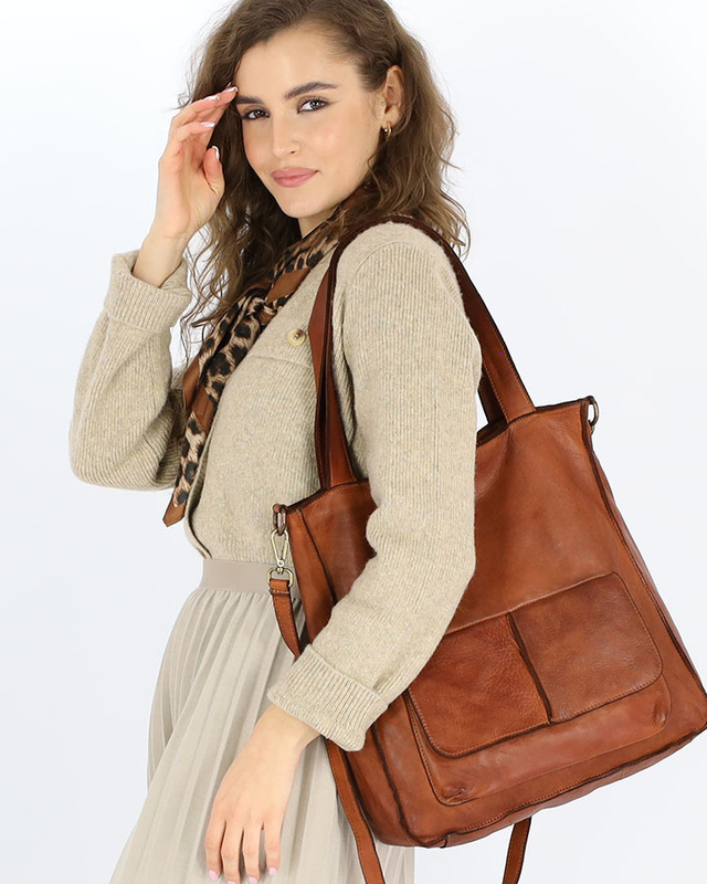 Torebka damska shopper A4 skóra naturalna - MARCO MAZZINI brąz camel