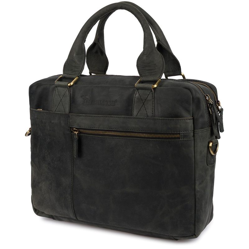 Duża solidna skórzana torba Beltimore na laptopa dokumenty czarna nubuk M88
