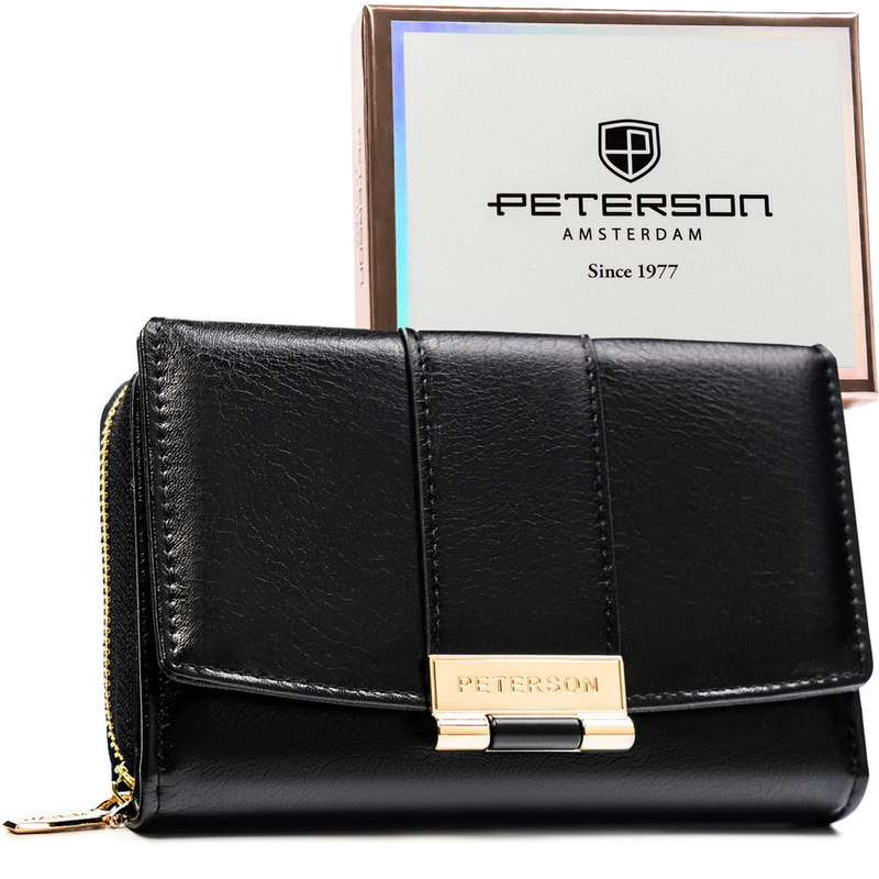 Poziomy portfel damski wykonany ze skóry ekologicznej w czarnym kolorze, zamykany na zatrzask - Peterson