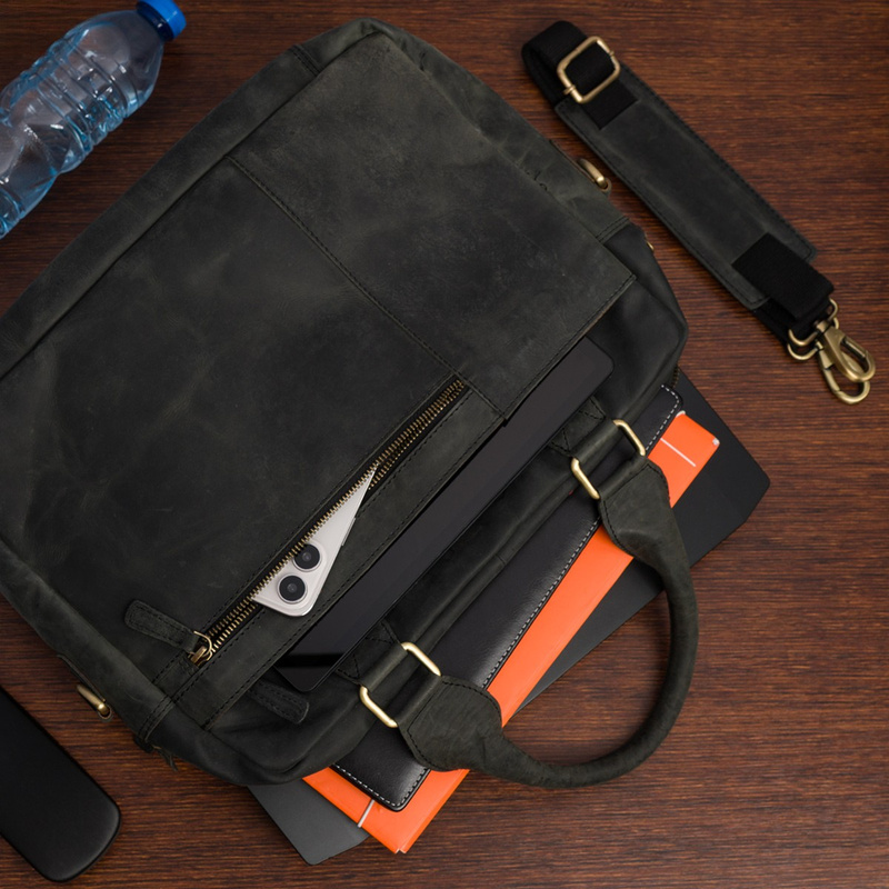 Duża solidna skórzana torba Beltimore na laptopa dokumenty czarna nubuk M88