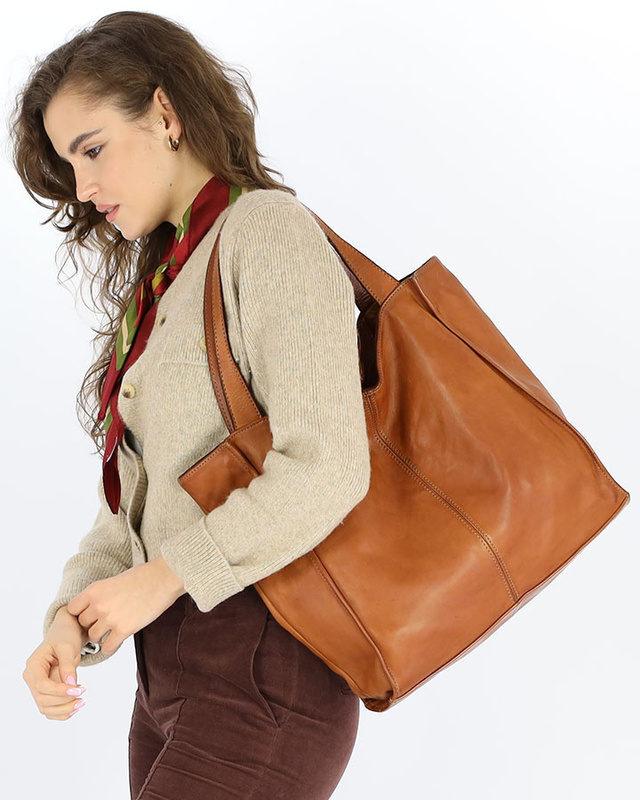 Duża skórzana torebka shopper na ramię – MARCO MAZZINI brązowa camel, idealna na miasto