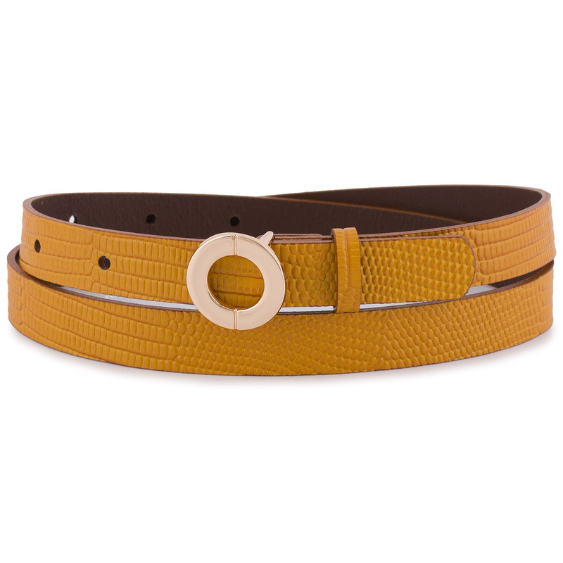 Skórzany pasek damski do spodni sukienki musztardowa skóra nat 1,8 cm Beltimore O16 : Kolory - żółty, złoty, Rozmiar pasków - r.105-120 cm