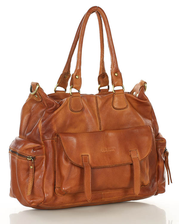 Pojemna torba damska na ramię z kieszeniami skóra naturalna - MARCO MAZZINI brąz camel