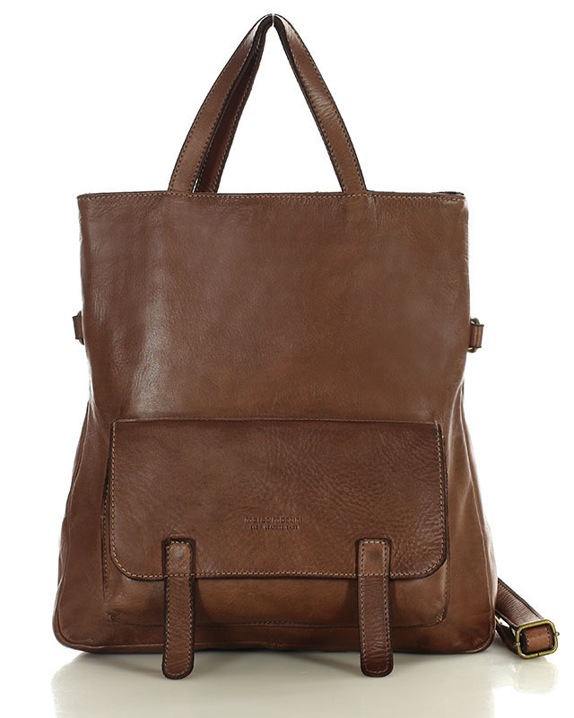Skórzana torebka plecak z kieszenią z przodu - MARCO MAZZINI czekoladowy brąz