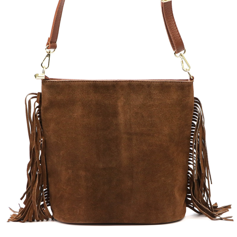 Vera Pelle damska listonoszka skóra naturalna zamszowa torebka z frędzlami