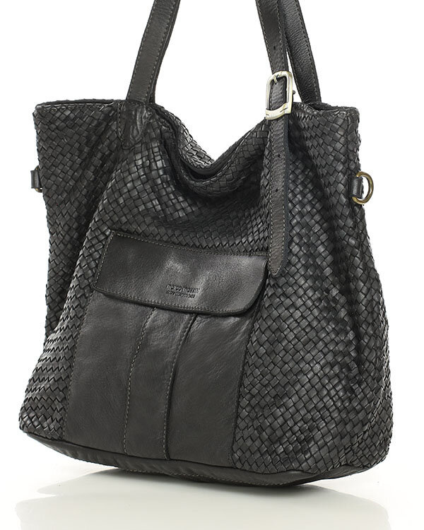 Duża torebka pleciona na ramię shopperka skórzana - MARCO MAZZINI czarna