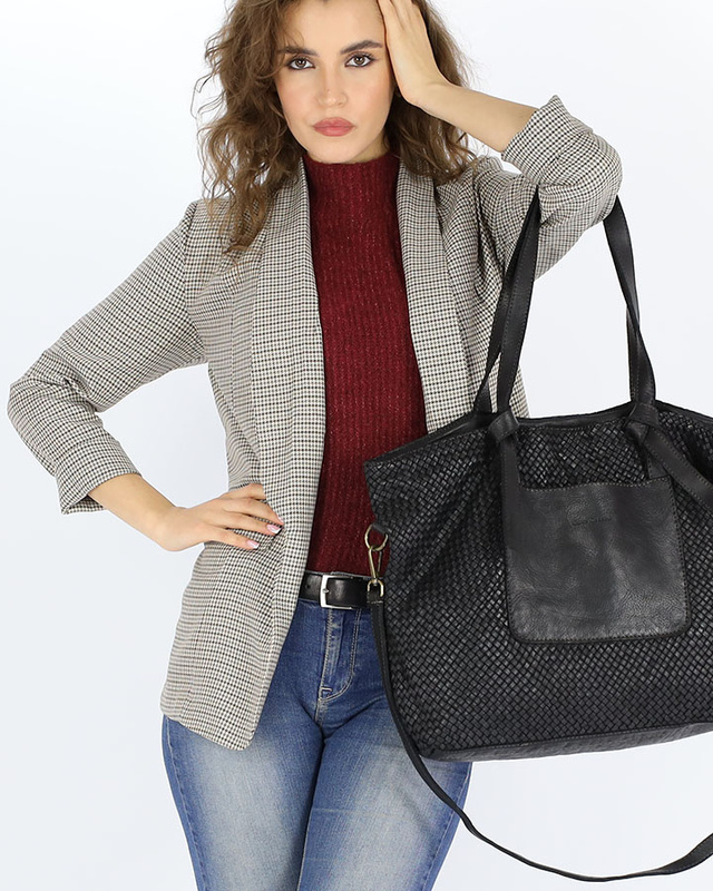 Oryginalna torebka pleciona damska skórzany shopper bag - MARCO MAZZINI czarna