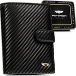 Pionowy portfel męski ze skóry naturalnej w czarnym kolorze wyposażony w system RFID, w zestawie z brelokiem - Peterson