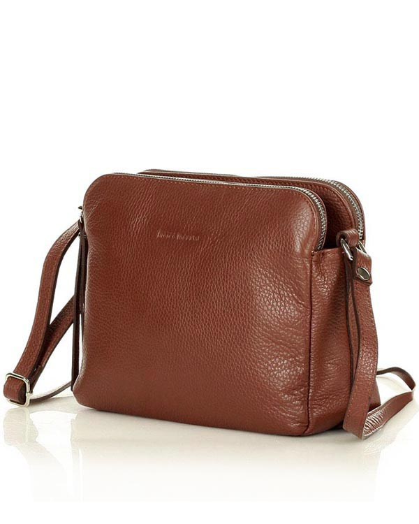 Torebka skórzana crossbody listonoszka dwie komory - MARCO MAZZINI brąz migdałowy