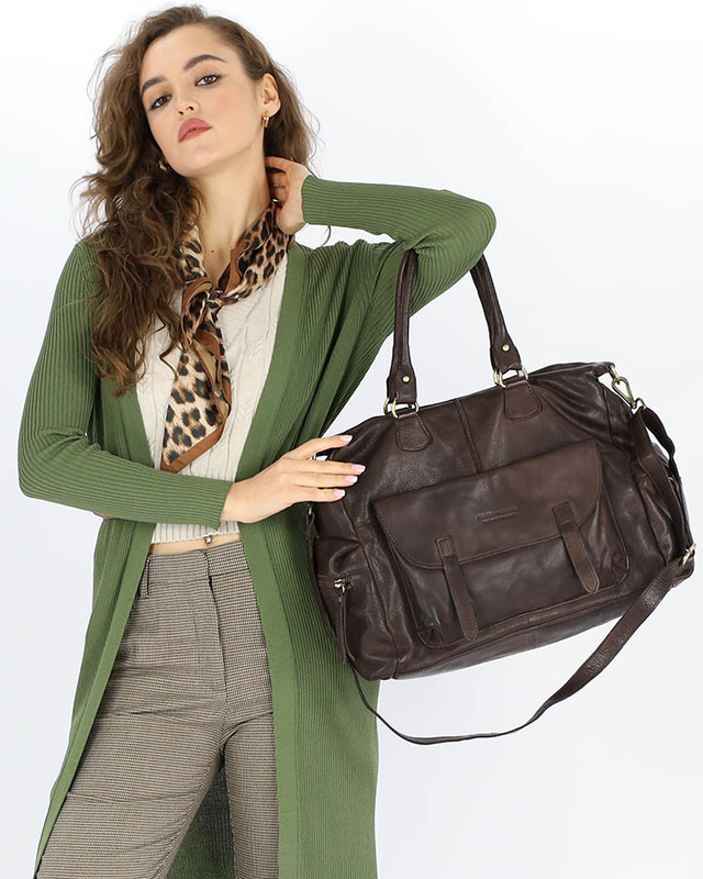 Pojemna torba damska na ramię z kieszeniami skóra naturalna - MARCO MAZZINI ciemny brąz caffe