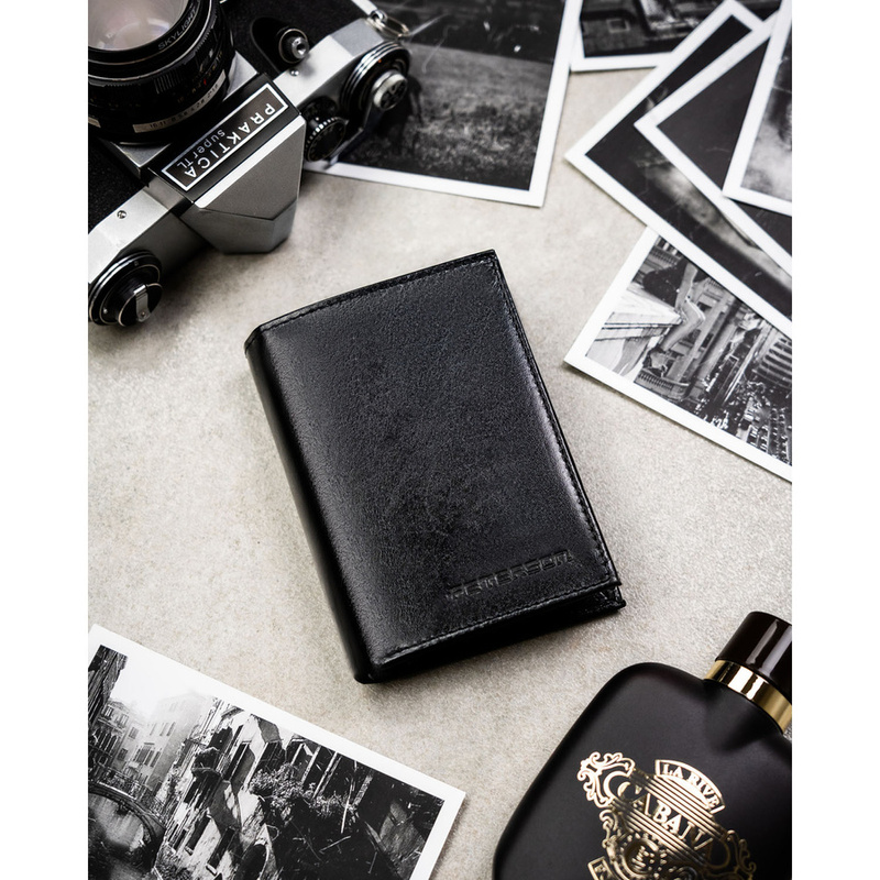 Elegancki portfel męski ze skóry naturalnej w czarnym kolorze w zestawie z brelokiem - Peterson