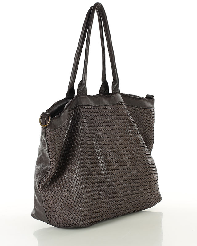 Duża torba shopper z plecionej skóry naturalnej - MARCO MAZZINI ciemnobrązowa caffe