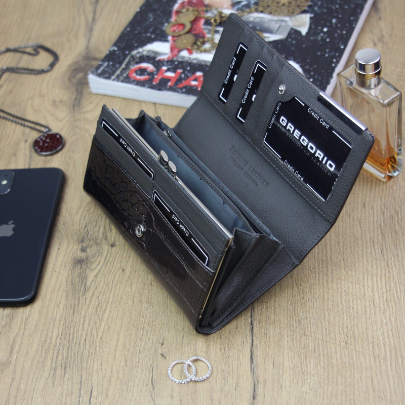 Gregorio damski portfel lakierowany skórzany wzór skóra krokodyla pojemny