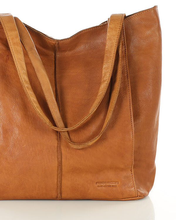 Miękka torba typu shopper skórzana na ramię - MARCO MAZZINI - brąz camel