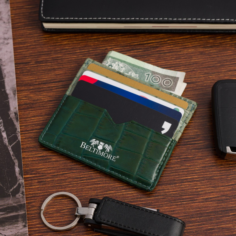 Etui na dokumenty karty wizytówki skórzane slim portfel zielone Beltimore E49