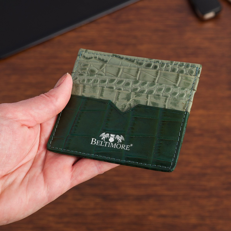 Etui na dokumenty karty wizytówki skórzane slim portfel zielone Beltimore E49