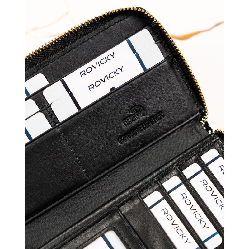 Czarny portfel-piórnik damski z lakierowanej skóry naturalnej wyposażony w system RFID - Rovicky