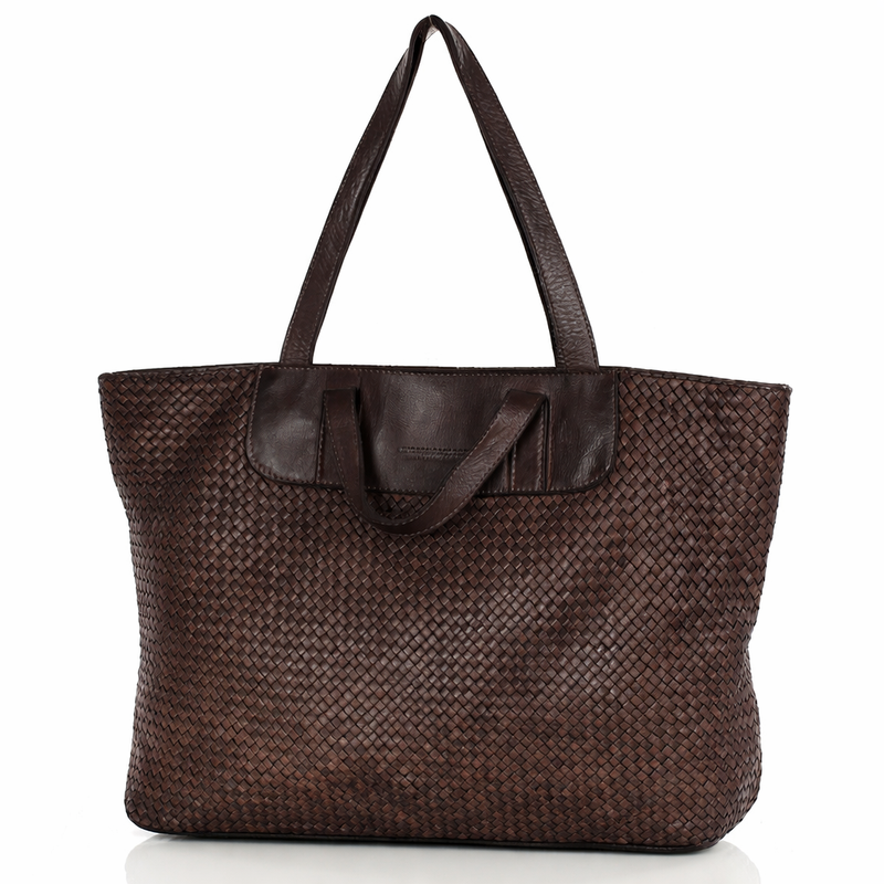 Torba damska pleciona shopper & shoulder leather bag - MAZZINI brąz caffe