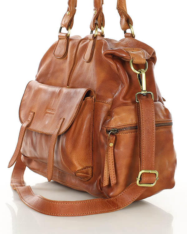 Pojemna torba damska na ramię z kieszeniami skóra naturalna - MARCO MAZZINI brąz camel