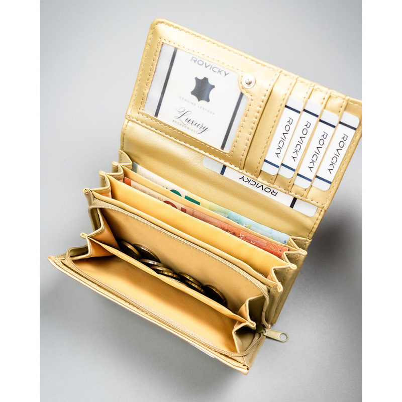 Duży portfel damski ze skóry ekologicznej w złotym kolorze, zamykany zatrzaskiem - 4U Cavaldi