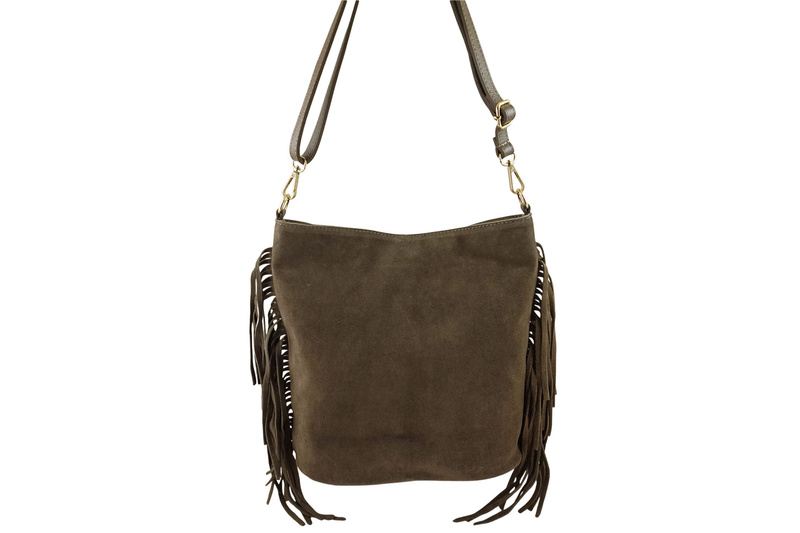 Zamszowa torebka boho z frędzlami - Beżowa ciemna