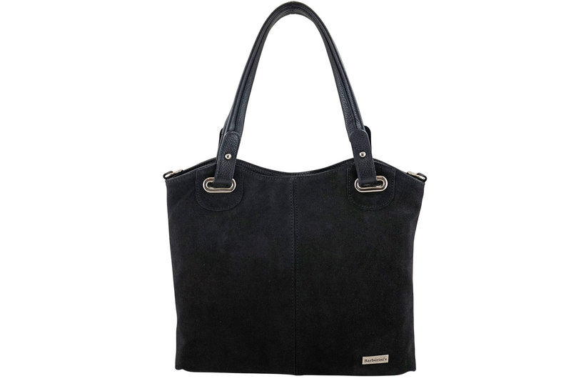 Duża elegancka torebka z naturalnej skóry i zamszu - Czarna