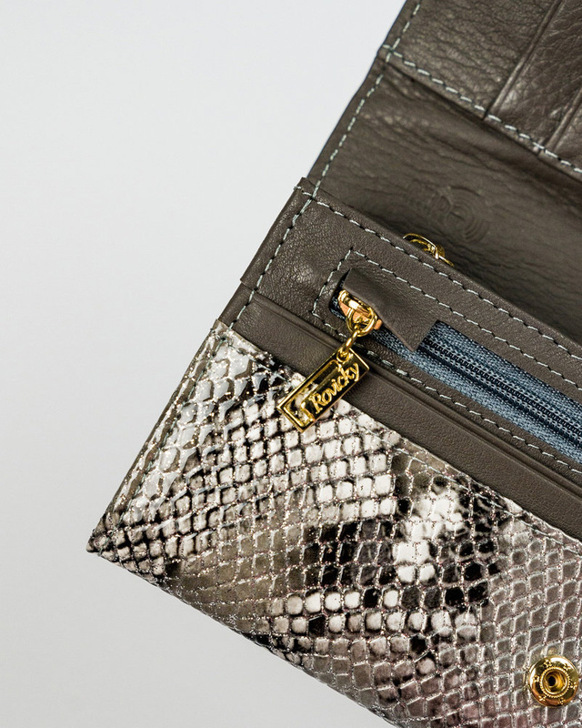 Rovicky skórzany damski portfel podłużny duży wzór skóra węża system RFID