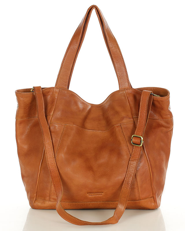 Duża skórzana torebka shopper z kieszenią - MARCO MAZZINI brąz kamelowy