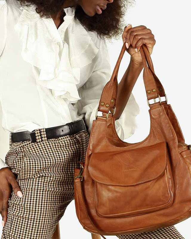 Włoska torebka skórzana z kieszenią z przodu retro bag handmade - MARCO MAZZINI brąz camel