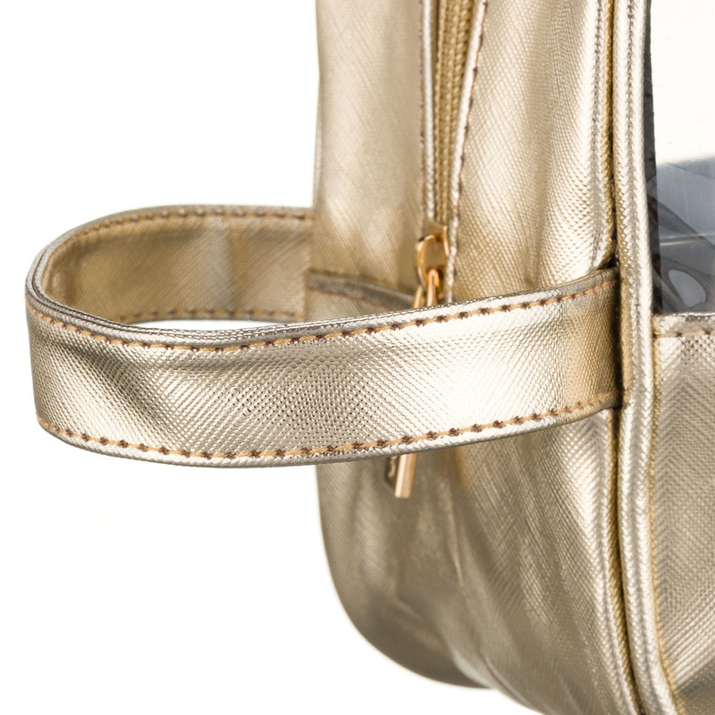 Złota kosmetyczka z tkaniny syntetycznej wyposażona w wygodny uchwyt i przezroczysty panel - Peterson