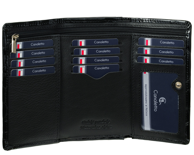 CORALIA Portfel damski skórzany czarny lakier Canaletto RFID