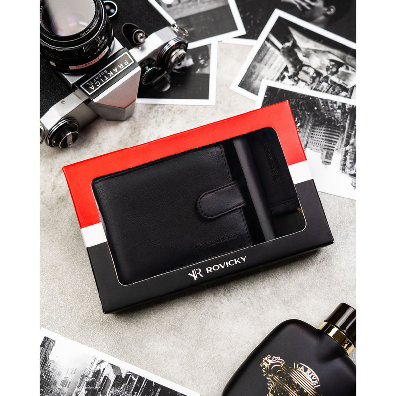 Zestaw prezentowy: męski, czarny portfel ze skóry ekologicznej i brelok do kluczy - Rovicky