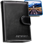 Elegancki portfel męski ze skóry naturalnej w czarnym kolorze zamykany zatrzaskiem, w zestawie z brelokiem - Peterson