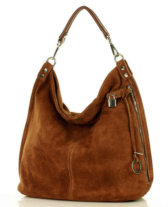 Torebka skórzana ponadczasowy design worek na ramię XL hobo leather bag - MARCO MAZZINI nubuk brąz migdałowy