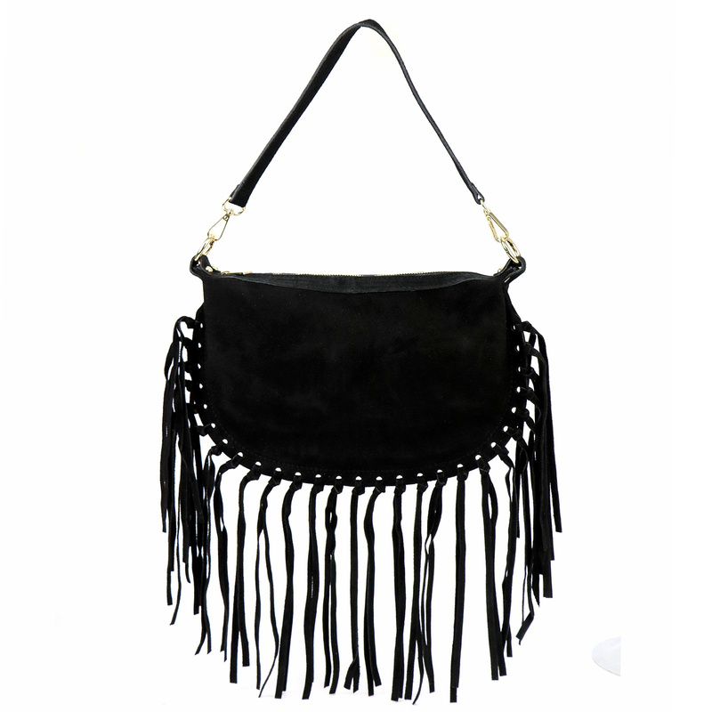 Luka Zamszowa damska listonoszka skórzana z frędzlami torebka na ramię