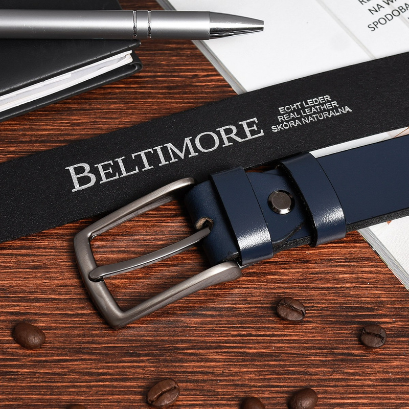 Beltimore skórzany pasek męski granatowy wąski E12 : Kolory - granatowy, Rozmiar pasków - r.90-105 cm