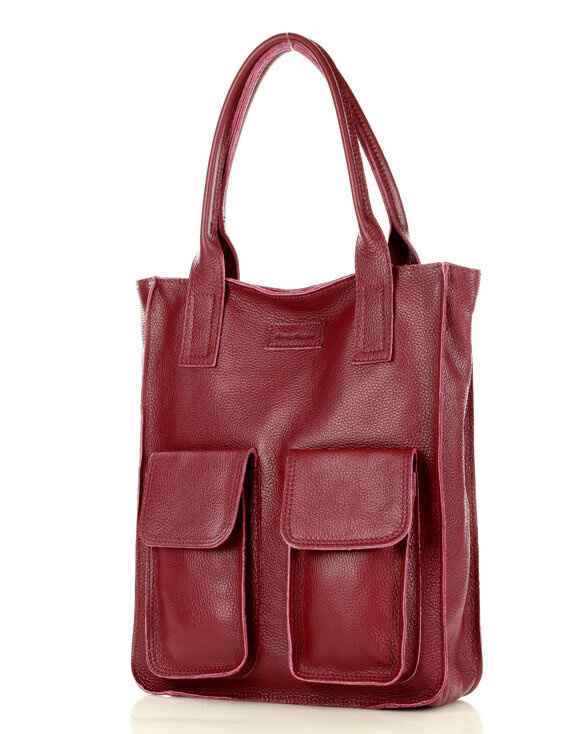 Torebka skórzany shopper bag z kieszeniami - MARCO MAZZINI ciemny czerwony