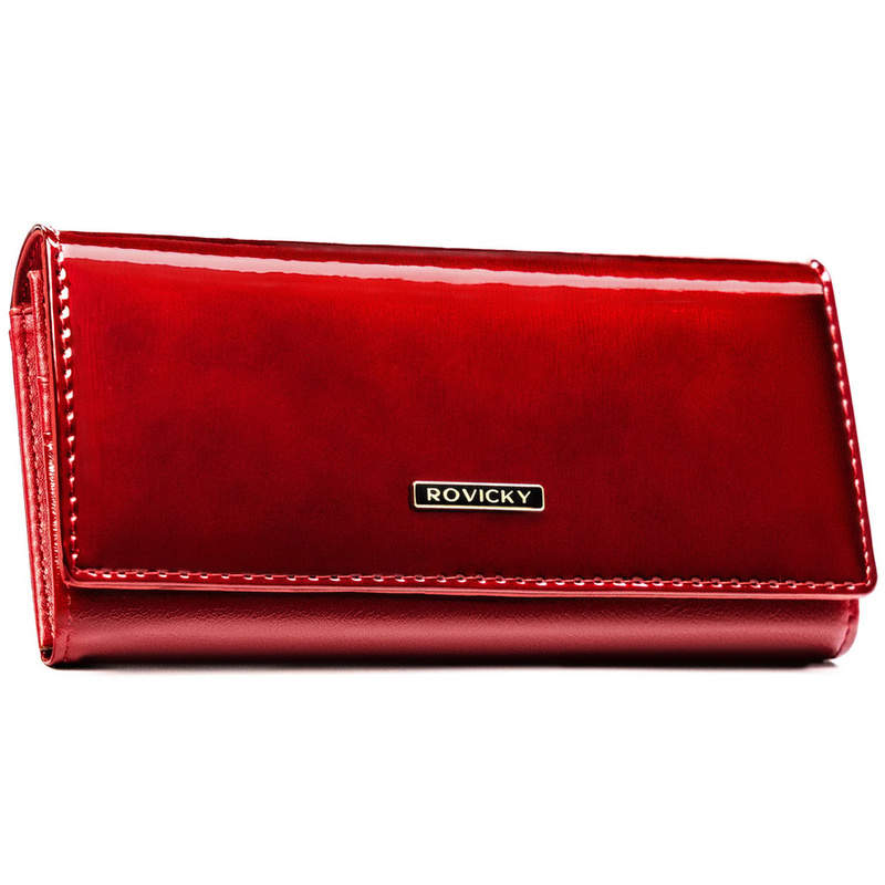 Duży, poziomy, czerwony portfel damski ze skóry naturalnej i ekologicznej zamykany zatrzaskiem - Rovicky