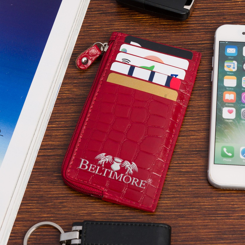 Etui na dokumenty karty czerwone skórzane skóra croco slim Beltimore J06