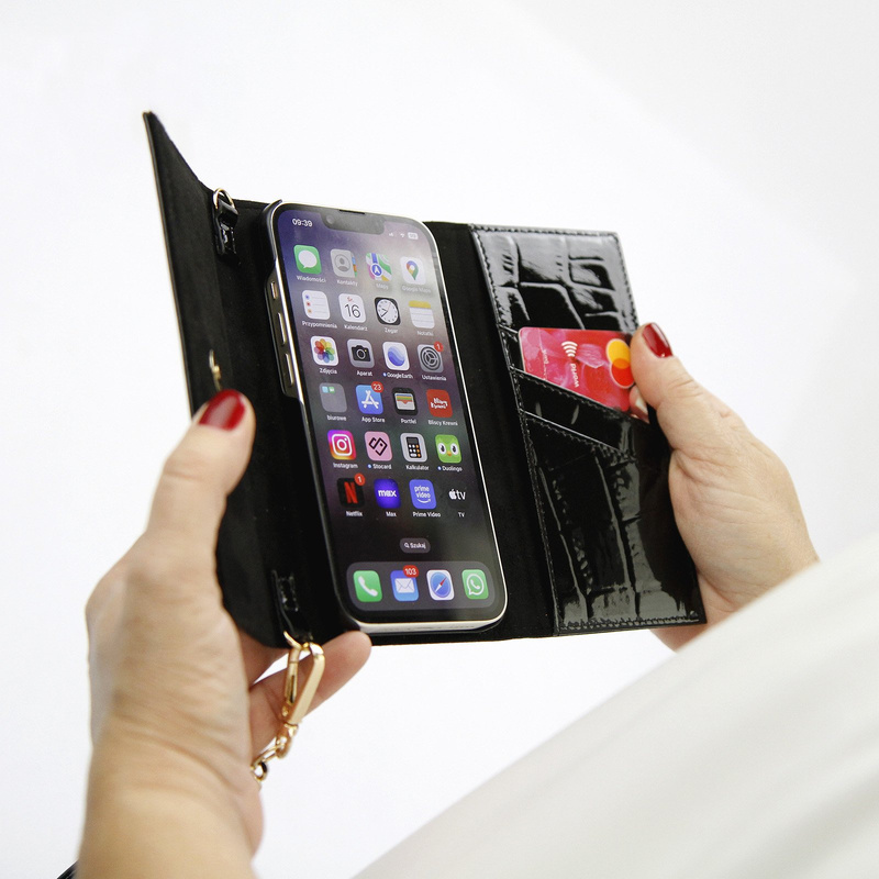 MiaMore etui na telefon z klapką skóra naturalna lakierowana IPHONE 13