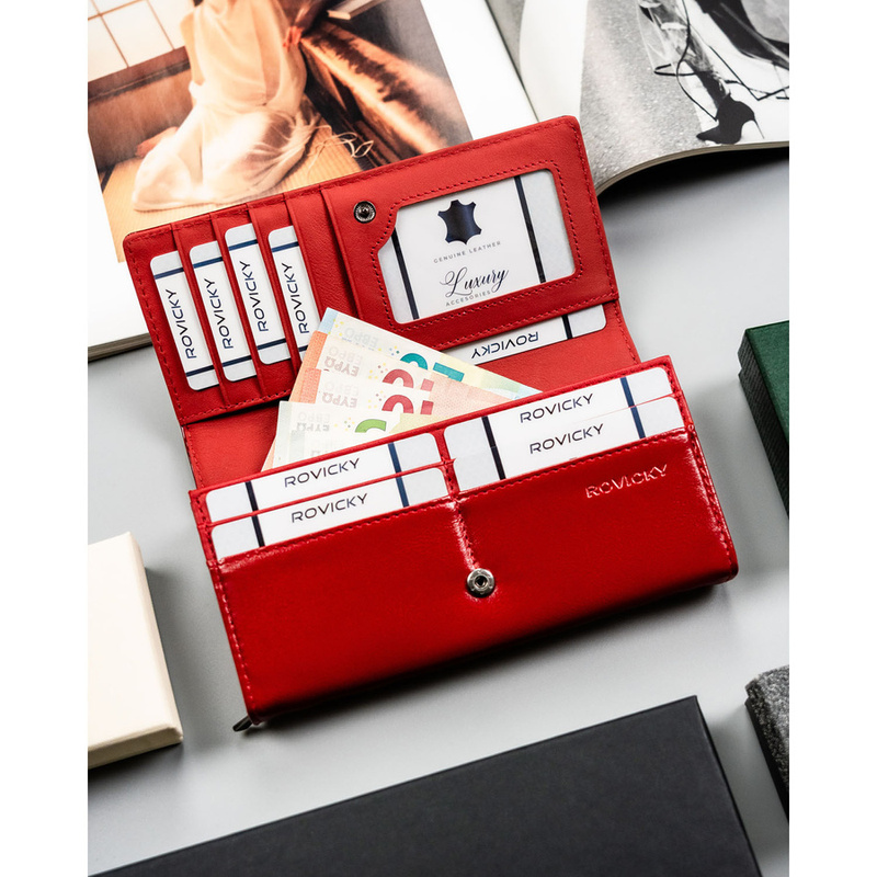 Duży, czerwony portfel damski ze skóry naturalnej i ekologicznej - Rovicky