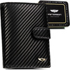 Pionowy portfel męski ze skóry naturalnej w czarnym kolorze wyposażony w system RFID, w zestawie z brelokiem - Peterson