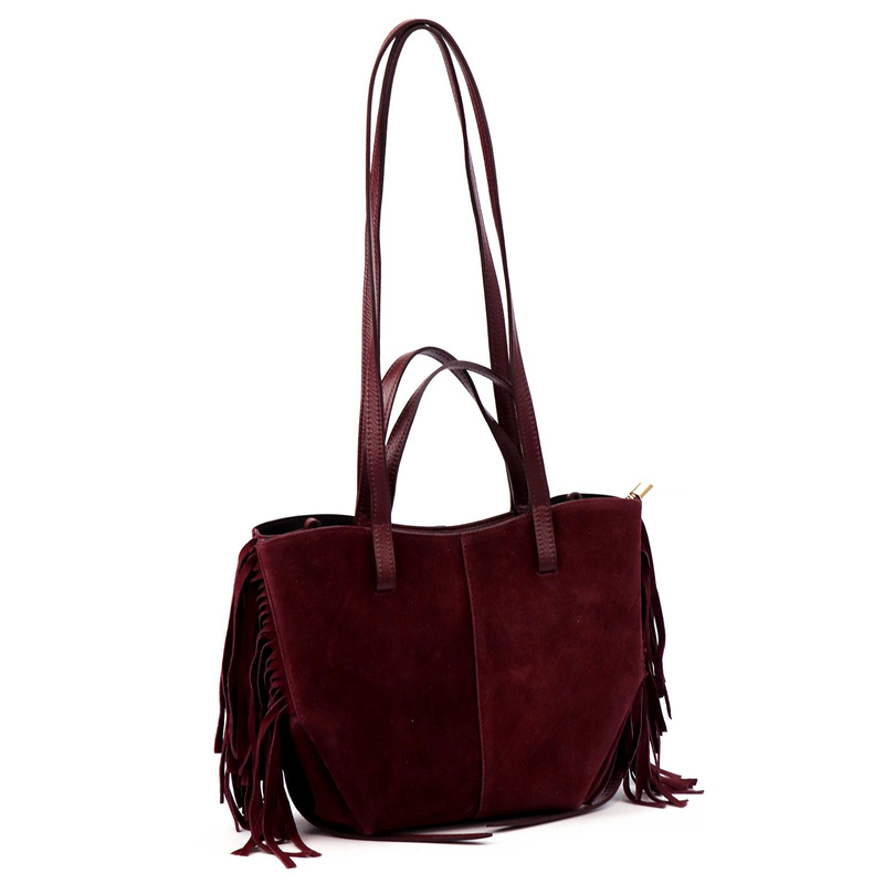 Vera Pelle damska shopperbag zamszowa torebka na ramię z frędzlami