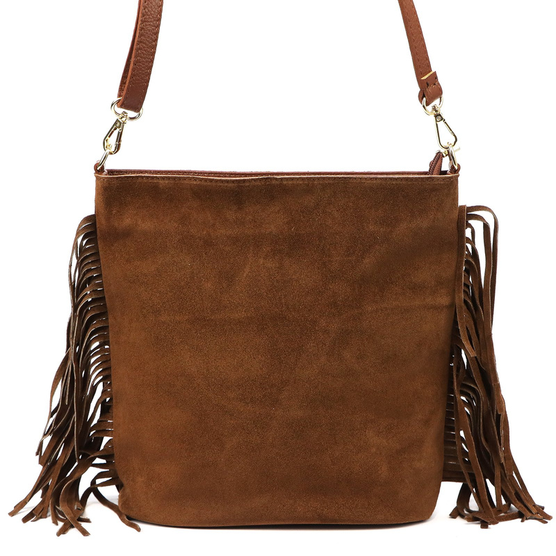 Vera Pelle damska listonoszka skóra naturalna zamszowa torebka z frędzlami