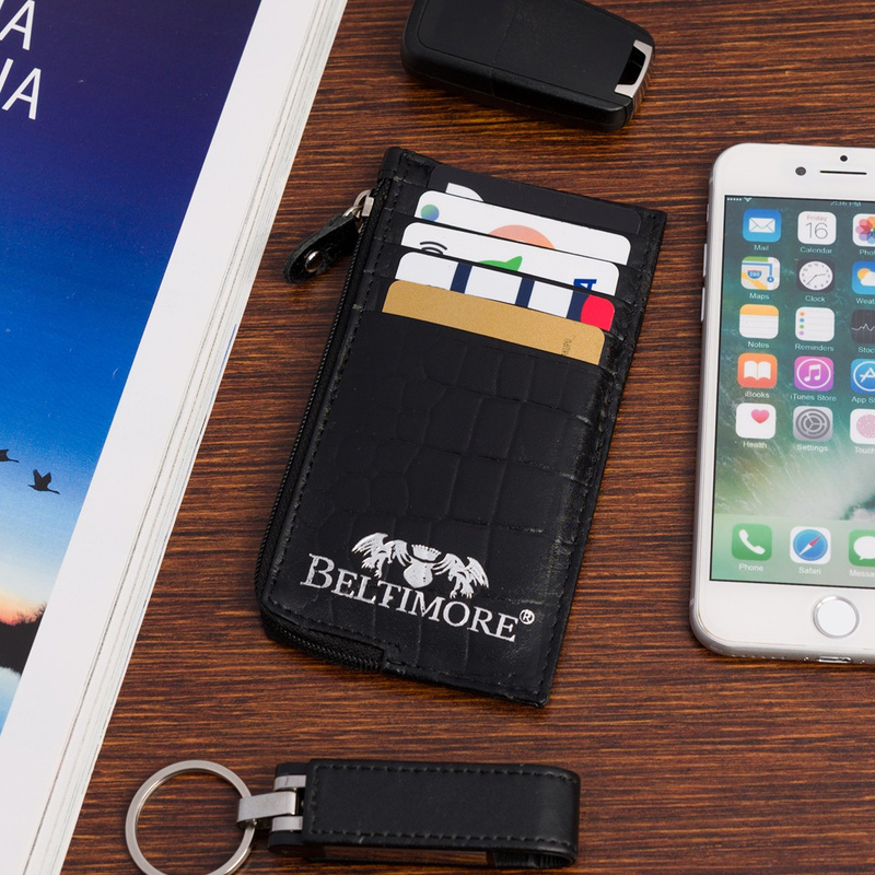 Etui na dokumenty karty czarne skórzane skóra croco slim Beltimore J06