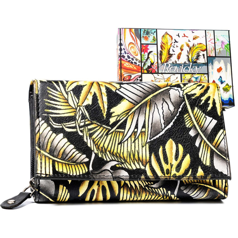 Rovicky Pojemny skórzany portfel damski na zatrzask roślinny wzór