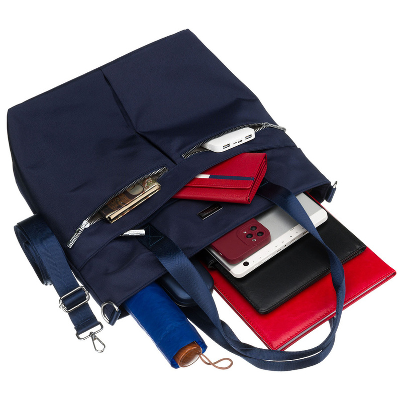 Granatowa, jednokomorowa shopperka damska z poliestru wyposażona w dopinany, regulowany pasek - Peterson