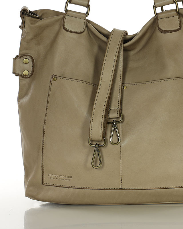 Torebka skórzana XL shopper vintage bag z kieszeniami vera pelle - MARCO MAZZINI beż taupe