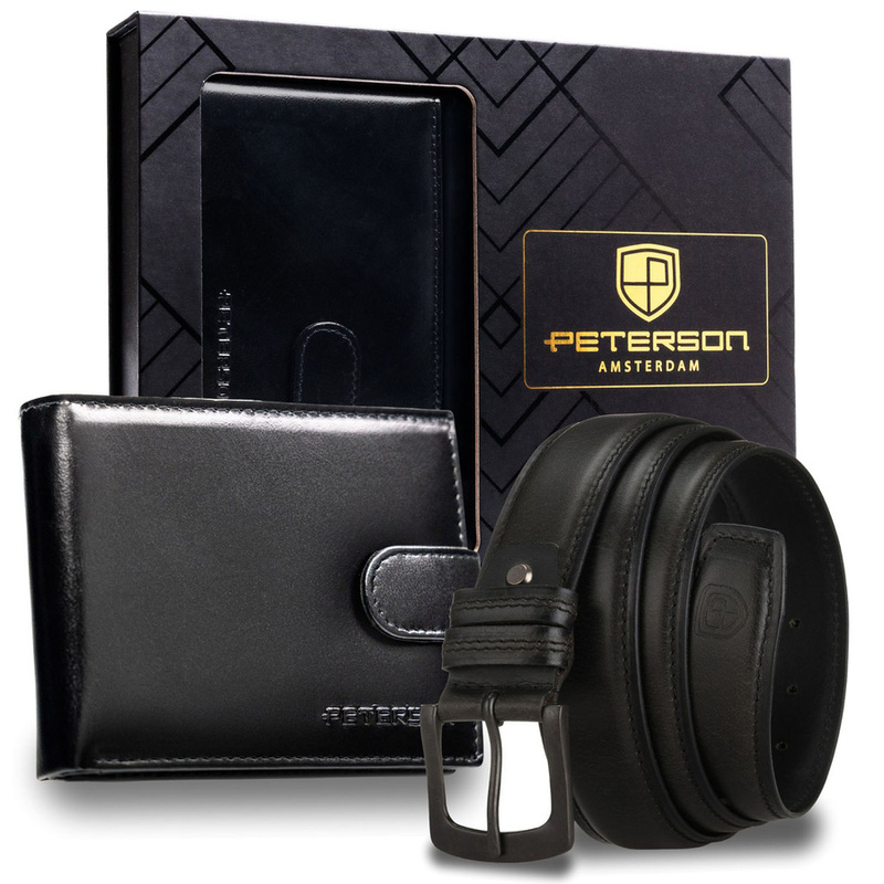Zestaw prezentowy: skórzany portfel męski w czarnym kolorze i czarny pasek ze skóry naturalnej - Peterson